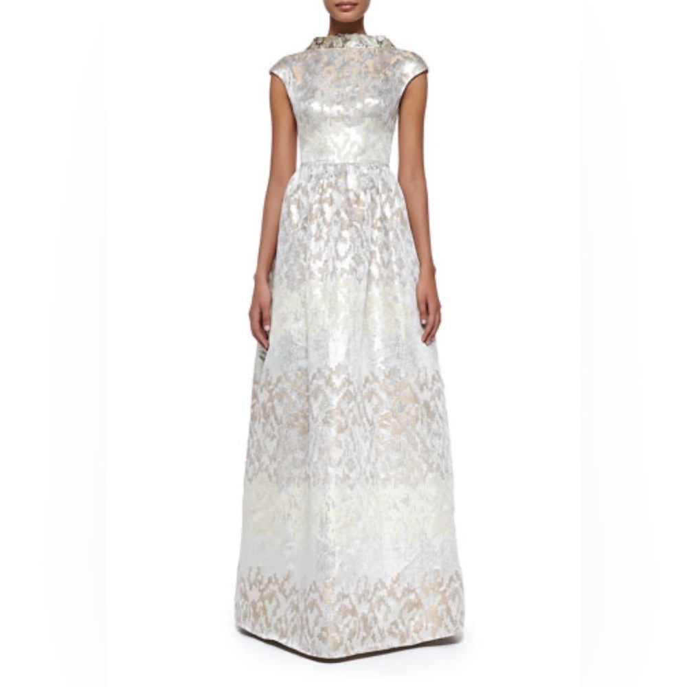 $1385 Badgley Mischka Bead-Collar Metallic Jacquard Gown V-Back Cap Sleeve Sz 4